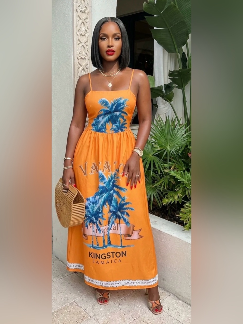Endless Moon Orange Tropical Palm Print Spaghetti Strap Dress